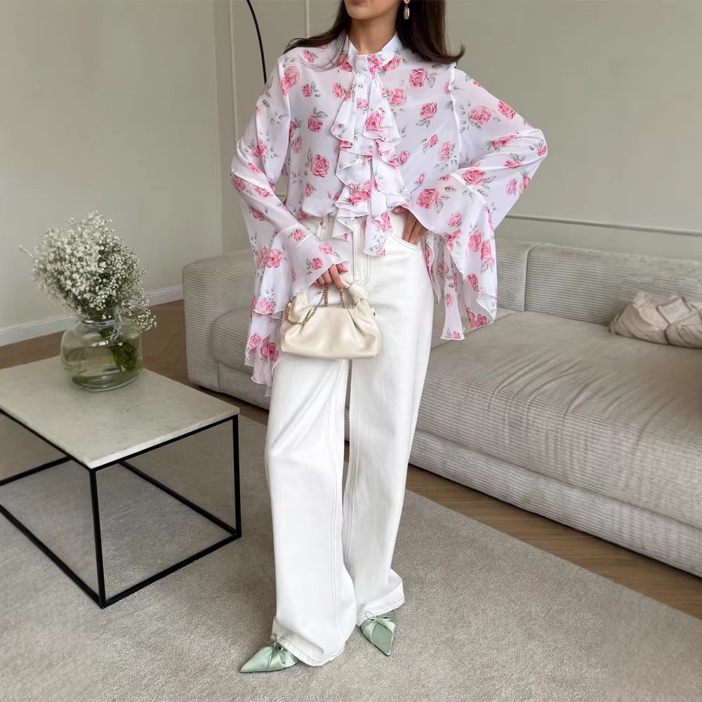 Women Chiffon Blouse with Rose Print, Ruffle Tiers and Bell Sleeves EVA-US