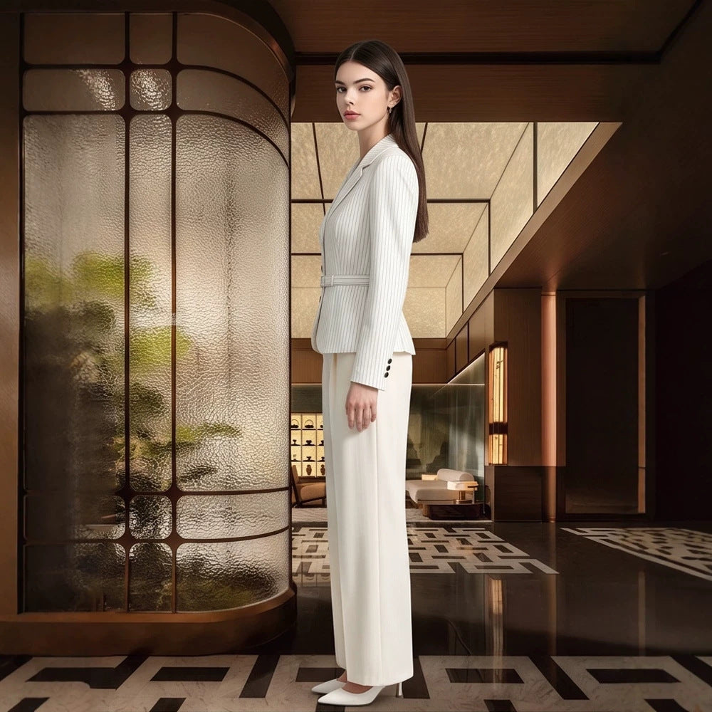 Women Tailored Pinstripe Blazer and Palazzo Pants Set EVA-US