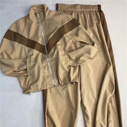 Women's Retro Tracksuit with Zipper Jacket and Elastic Waist Pants EVA-US