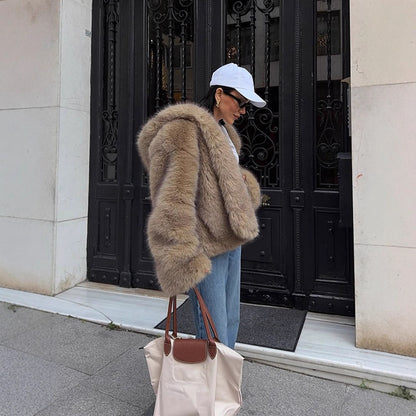Women's Boxy Faux Fur Jacket in Teddy Look with Oversized Shawl Collar EVA-US