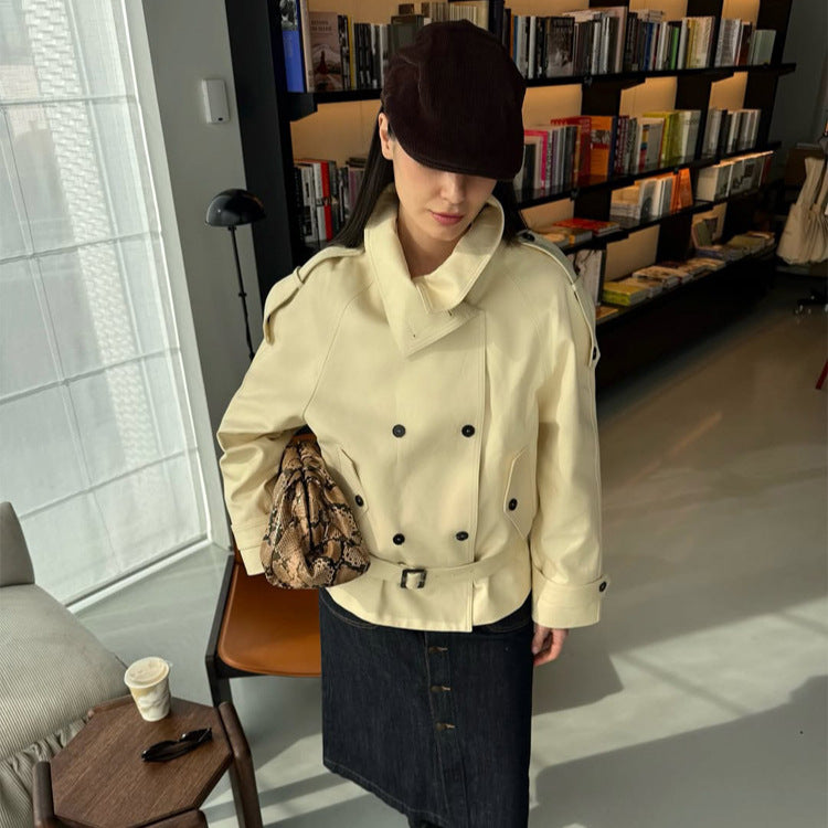 Women Short Double-Breasted Trench Jacket with High Standing Collar and Waist Belt EVA-US