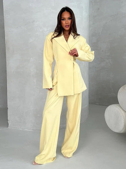 Women's Two-piece Oversized Suit Set with Wrap Blazer and Wide Palazzo Pants EVA-US