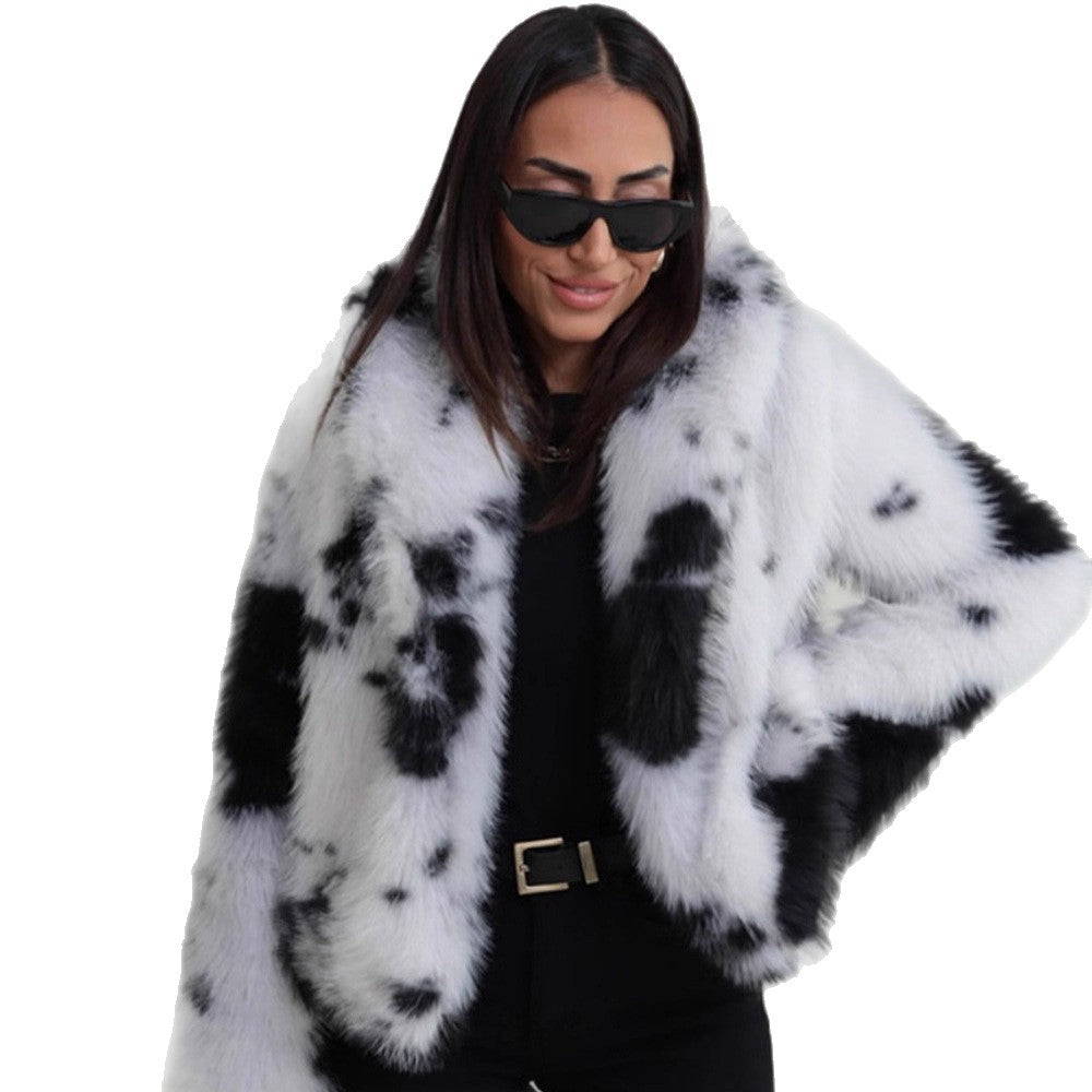 Women's Short Cut Faux Fur Bomber with Spot Pattern EVA-US