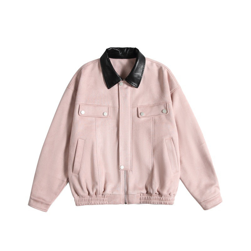 Women's short cut boxy bomber jacket with contrasting faux leather collar EVA-US