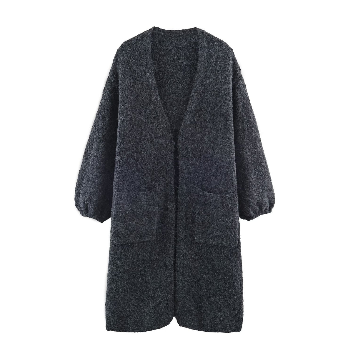 Women's Oversized Knit Coat with V-Neck, Cozy Boucle Look and Patch Pockets EVA-US