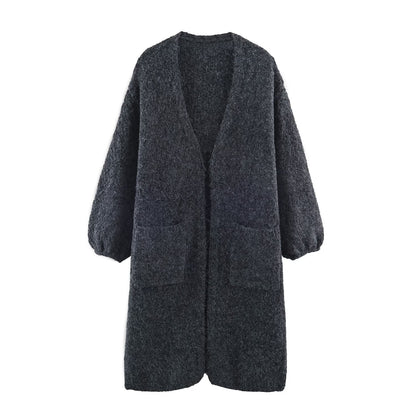 Women's Oversized Knit Coat with V-Neck, Cozy Boucle Look and Patch Pockets EVA-US