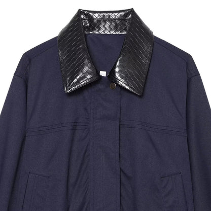 Women's short bomber-style jacket with contrasting embossed faux leather collar EVA-US