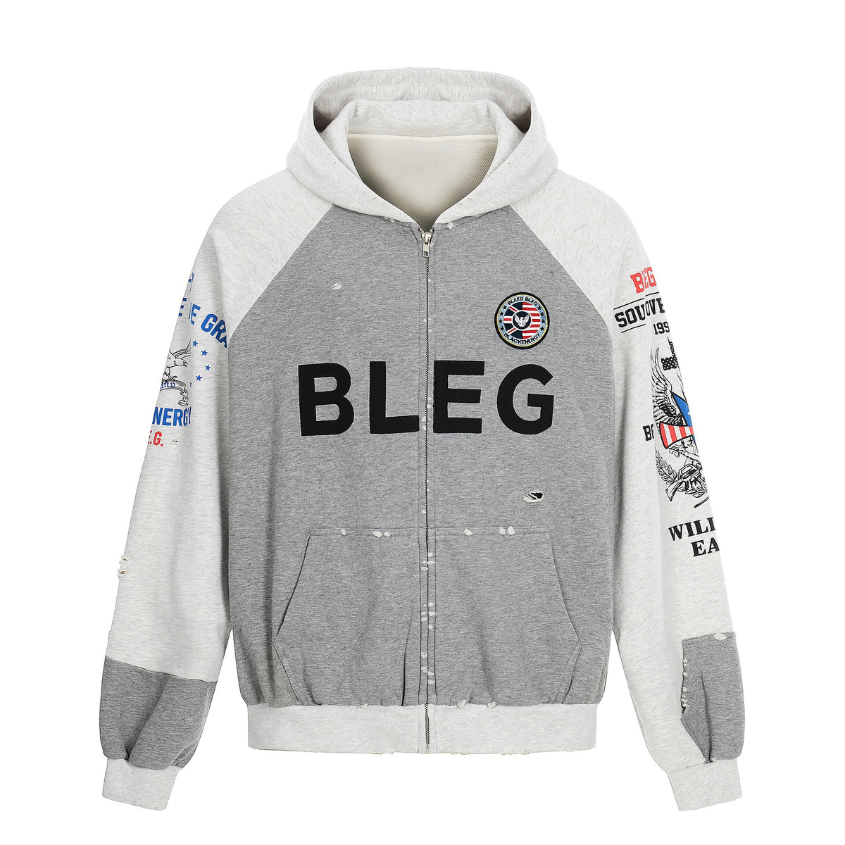 Men's Zip Hoodie in Vintage College Look with Raglan Sleeves and Distressed Details EVA-US