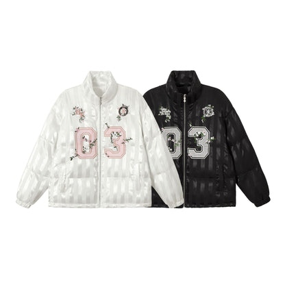 Women's Boxy Quilted Satin Puffer Jacket with Floral Embroidery Detail EVA-US