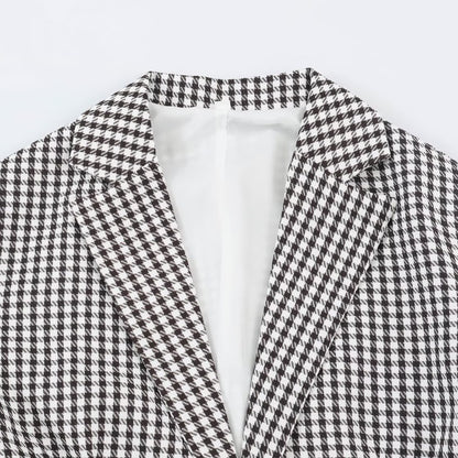 Women Oversized Blazer in Houndstooth Pattern with Balloon Sleeves and Patching Pockets EVA-US