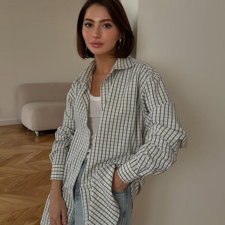 Ladies Checkered Oversized Shirt with Extended Hem EVA-US