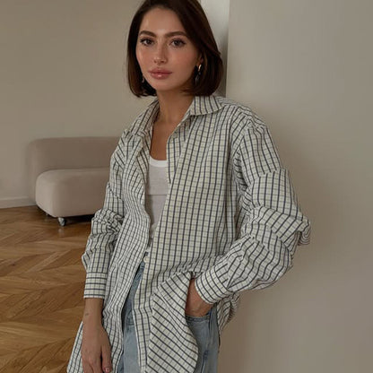 Ladies Checkered Oversized Shirt with Extended Hem EVA-US