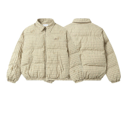 Unisex Short Cut Checked Padded Jacket with High Collar and Elastic Hem EVA-US