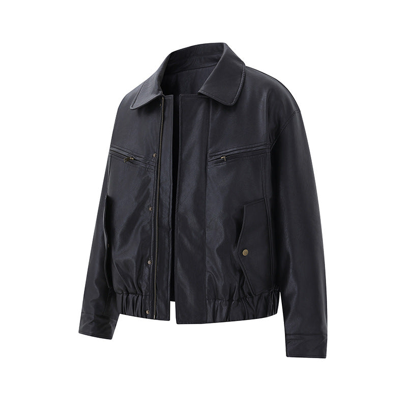 Men's Short Boxy Leather Blouson with Flap Pockets and Elastic Waistband EVA-US