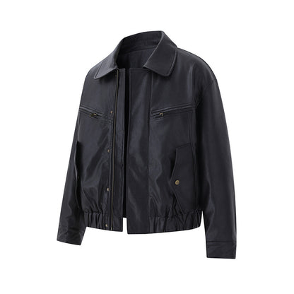 Men's Short Boxy Leather Blouson with Flap Pockets and Elastic Waistband EVA-US