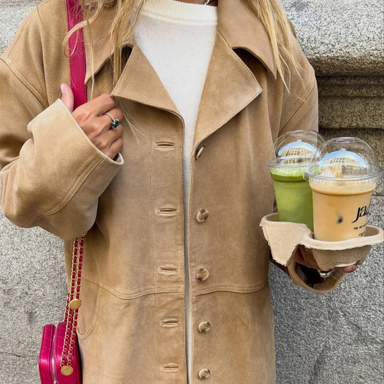 Women's short coat in suede look with boxy silhouette, horn button front & patch pockets EVA-US