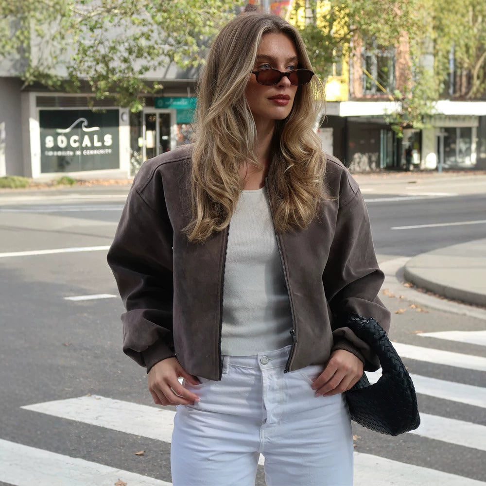 Women's Short Boxy Suede Bomber Jacket with Stand Collar and Ribbed Cuffs EVA-US