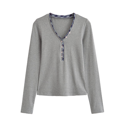 Women's long sleeve shirt with V-neck, button placket and check trim EVA-US