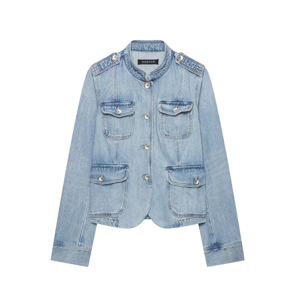 Women's jeans field jacket with stand-up collar, shoulder patches, and four flap pockets EVA-US