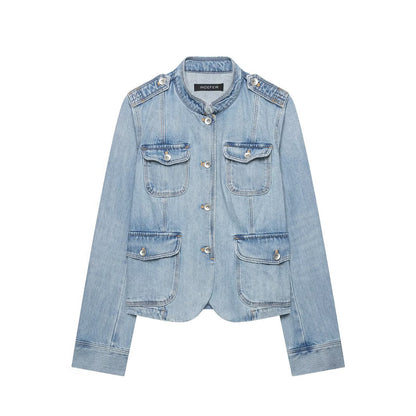 Women's jeans field jacket with stand-up collar, shoulder patches, and four flap pockets EVA-US