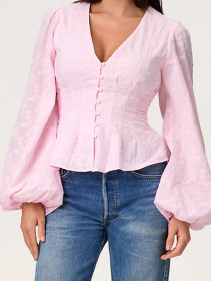 Women’s jacquard lace blouse with tailored peplum and balloon sleeves EVA-US