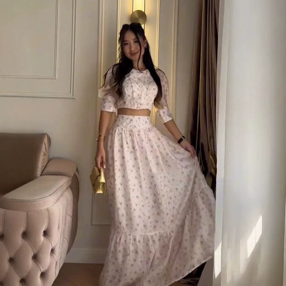 Women's Two-Piece Chiffon Set with Cropped Puff Blouse and Tiered Maxi Skirt EVA-US