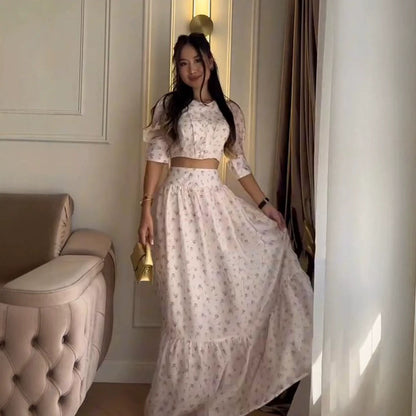 Women's Two-Piece Chiffon Set with Cropped Puff Blouse and Tiered Maxi Skirt EVA-US