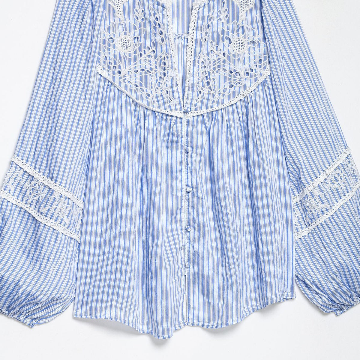 Ladies Striped Blouse with Crochet Lace, Balloon Sleeves and Button Placket EVA-US