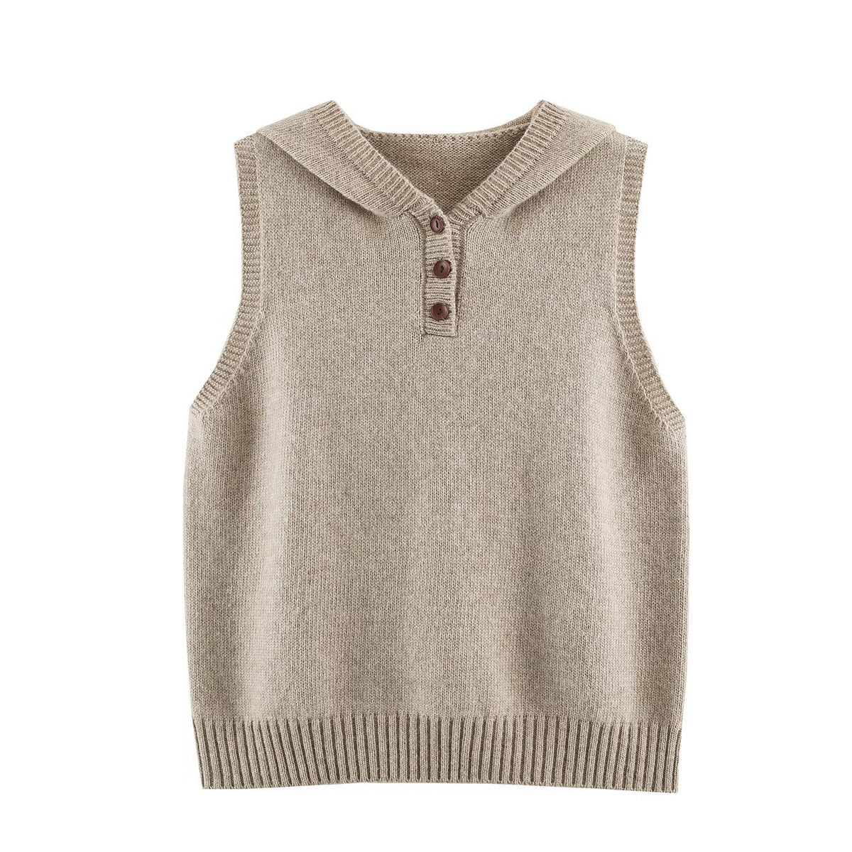 Women's fine knit vest with hood, button placket, and ribbed waistband EVA-US