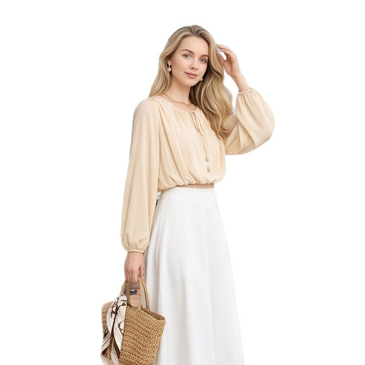 Women Elegant Chiffon Blouse with Drawstring Hem, Balloon Sleeves & Pearl Button Detail EVA-US