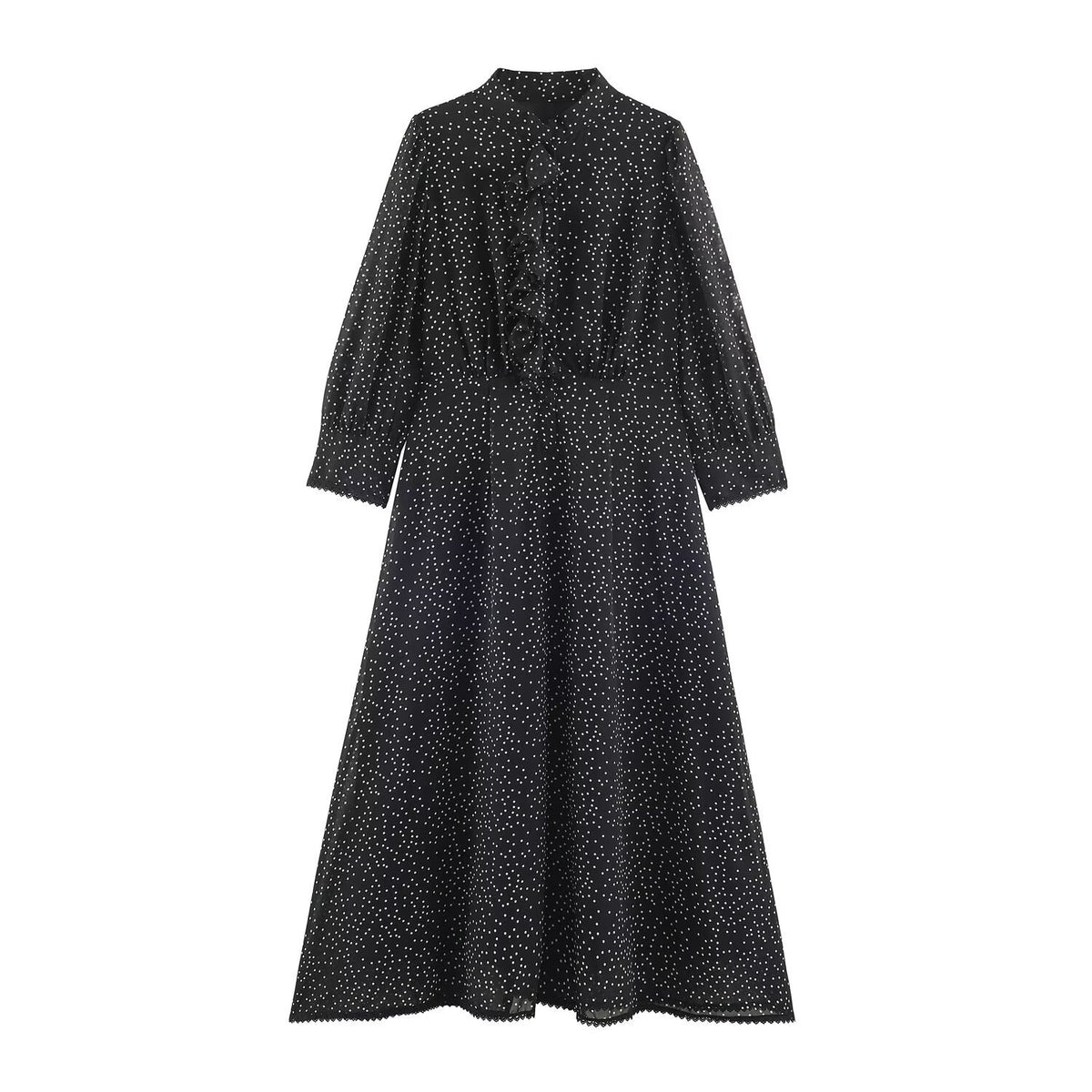 Women’s midi dress with ruffled front, stand-up collar and flared A-line skirt EVA-US