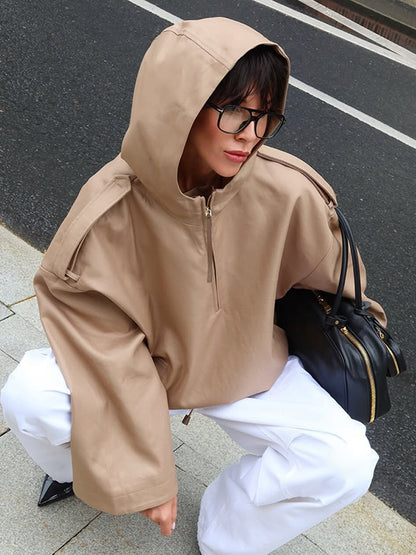 Women's Oversize Hooded Pullover Jacket with Half Zipper and Shoulder Yoke EVA-US