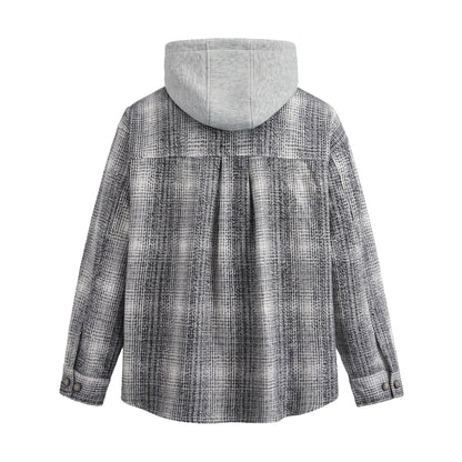 Men's Hooded Overshirt in Wool Blend with Check Pattern and Inserted Chest Pocket EVA-US