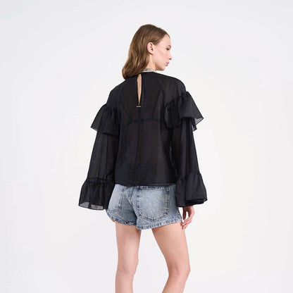 Women's Transparent Ruffle Blouse with Double Ruffle and Bell Sleeves EVA-US