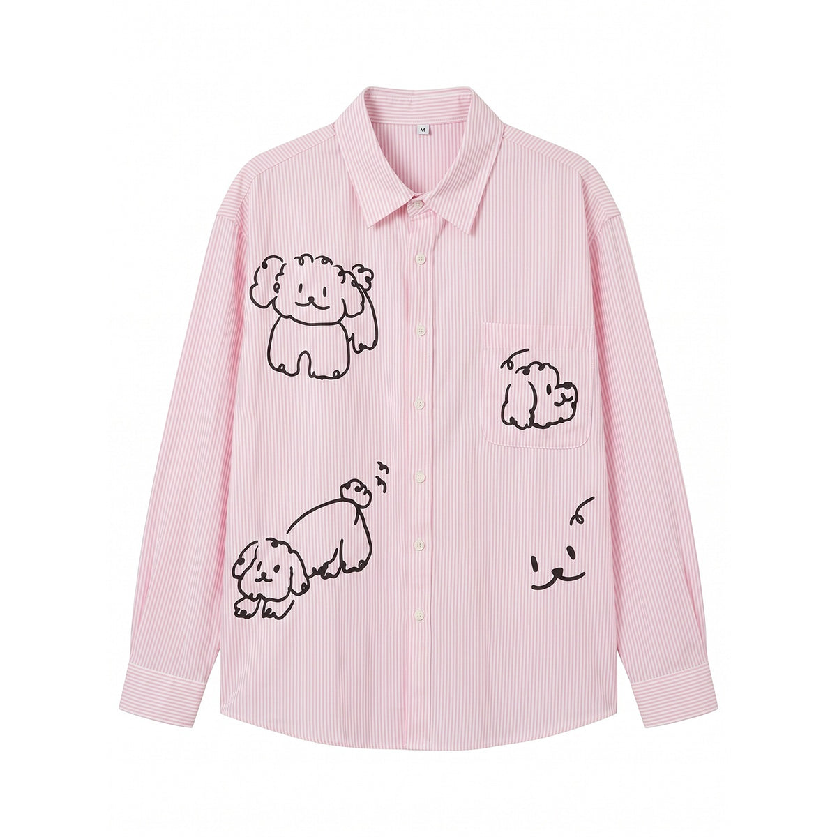 Women Striped Oversize Shirt Blouse with Doodle Dog Prints and Breast Pocket EVA-US