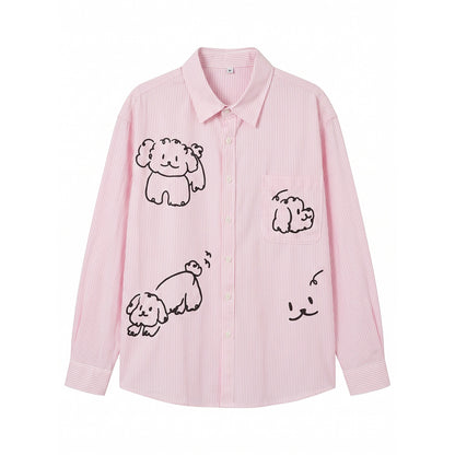 Women Striped Oversize Shirt Blouse with Doodle Dog Prints and Breast Pocket EVA-US