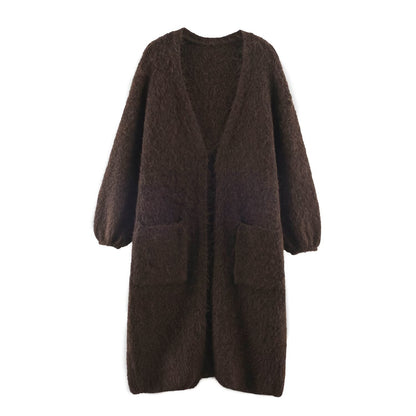 Women's Oversized Knit Coat with V-Neck, Cozy Boucle Look and Patch Pockets EVA-US