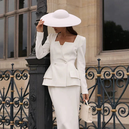 Women Fitted Suit Set with Distinct Angular Neckline and Peplum EVA-US
