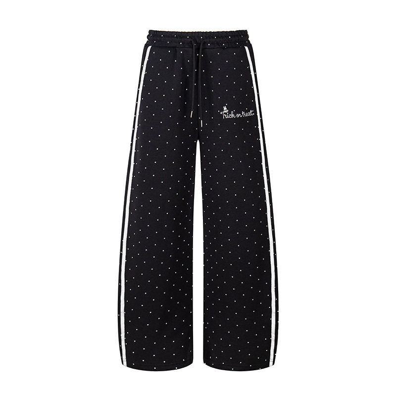 Women's Extra Wide Palazzo Sweatpants in Polka Dot Design with Elastic Comfort Waistband and Side Contrast Stripes EVA-US