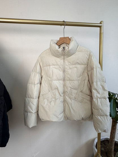 Women's short padded winter jacket with high stand-up collar and belted waist detail EVA-US