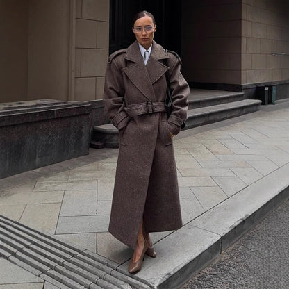 Women's Maxi-Length Wool Cocoon Coat with Emphasized Shoulder Area and Waist Belt EVA-US
