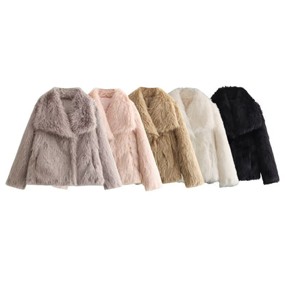 Women's Short Faux Fur Jacket with Wide Shawl Collar EVA-US