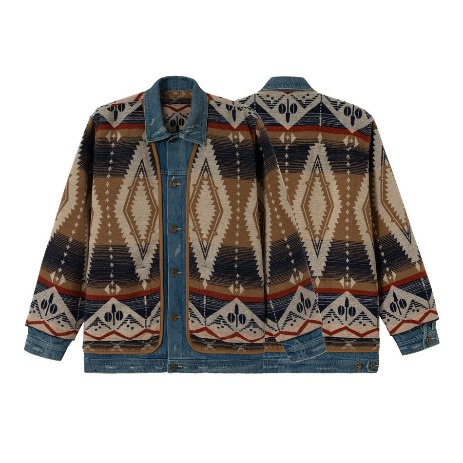 Unisex Loose-Fitting Jacquard Liner Jacket with Denim Trim and Graphic Ethno Pattern EVA-US