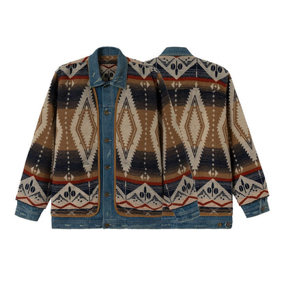 Unisex Loose-Fitting Jacquard Liner Jacket with Denim Trim and Graphic Ethno Pattern EVA-US