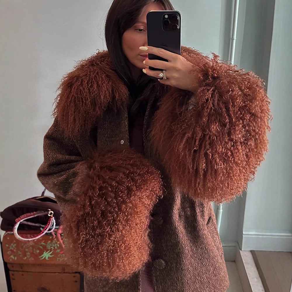 Women's Oversize Wool Blend Brand Coat with voluminous lamb fur imitation collar and extra wide sleeve cuffs EVA-US