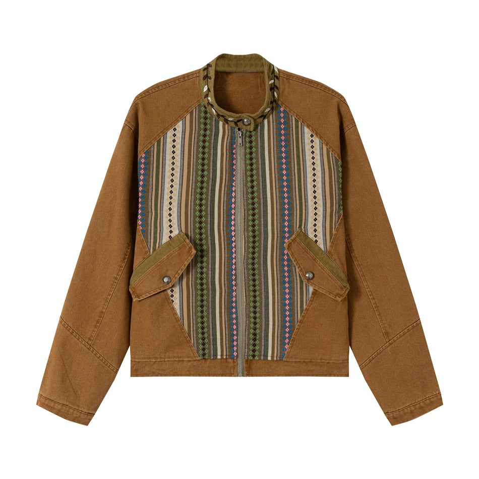 Women's short cotton blouson jacket with ethnic woven panels and cord trimming EVA-US