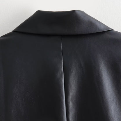 Women's Double-Breasted Faux Leather Blazer with Gold Decorative Buttons and Flap Pockets EVA-US
