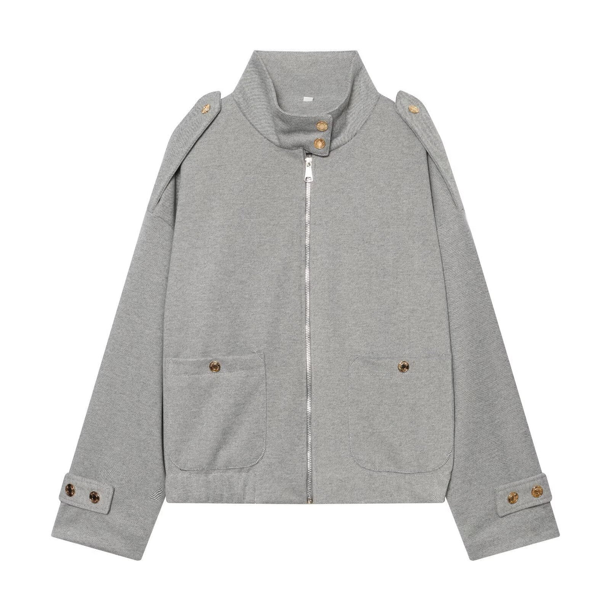Women Cropped Utility Jacket with high collar, shoulder epaulettes and flap pockets
