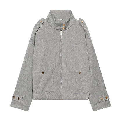 Women Cropped Utility Jacket with high collar, shoulder epaulettes and flap pockets