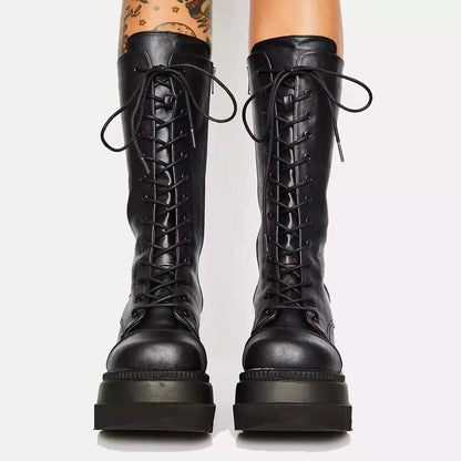 Women High-Quality Lace-Up Boots with Platform Heel and Side Zipper
